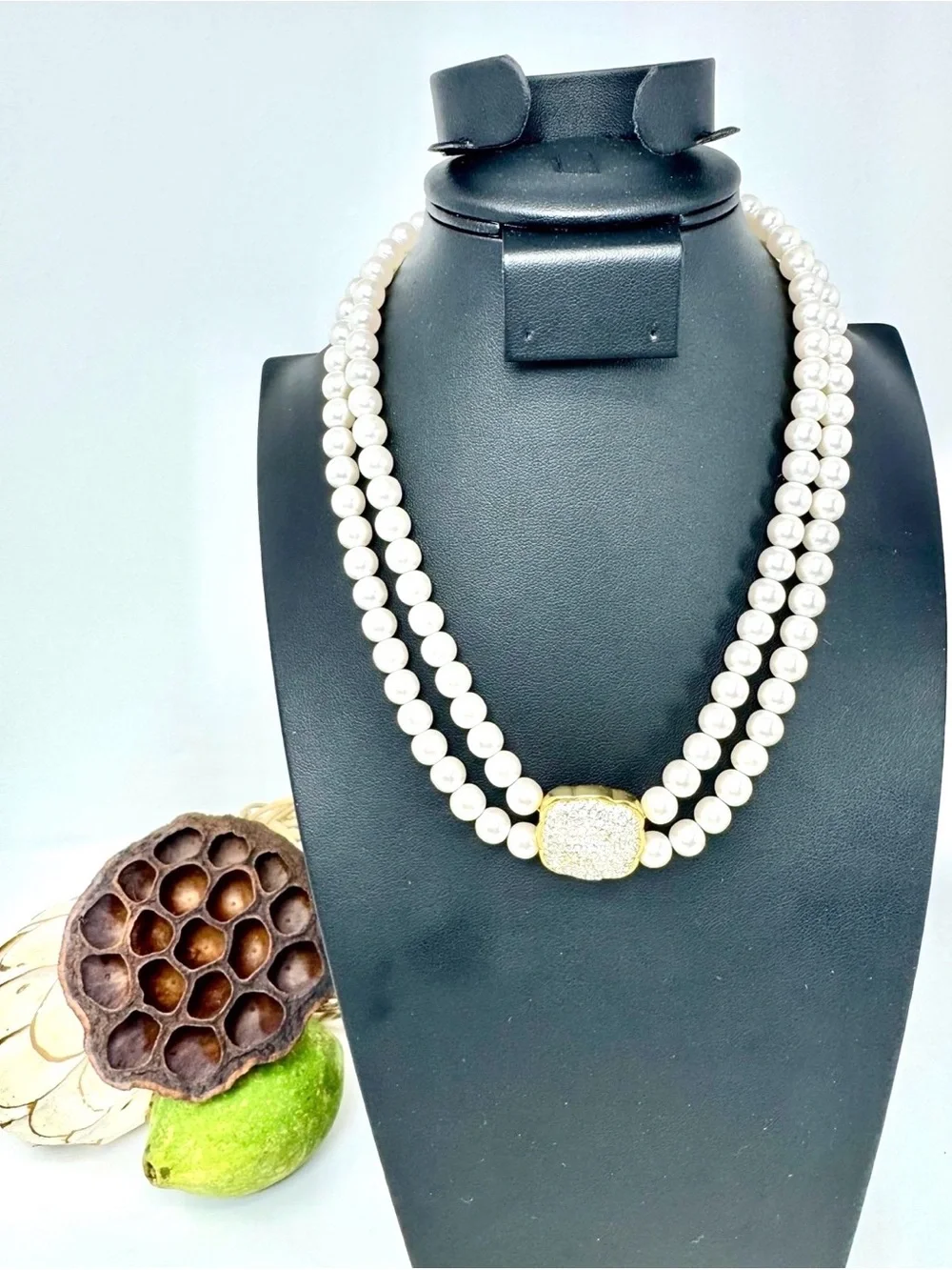 Napier Double Strand Faux Pearl & Pave Crystal Pendant Necklace